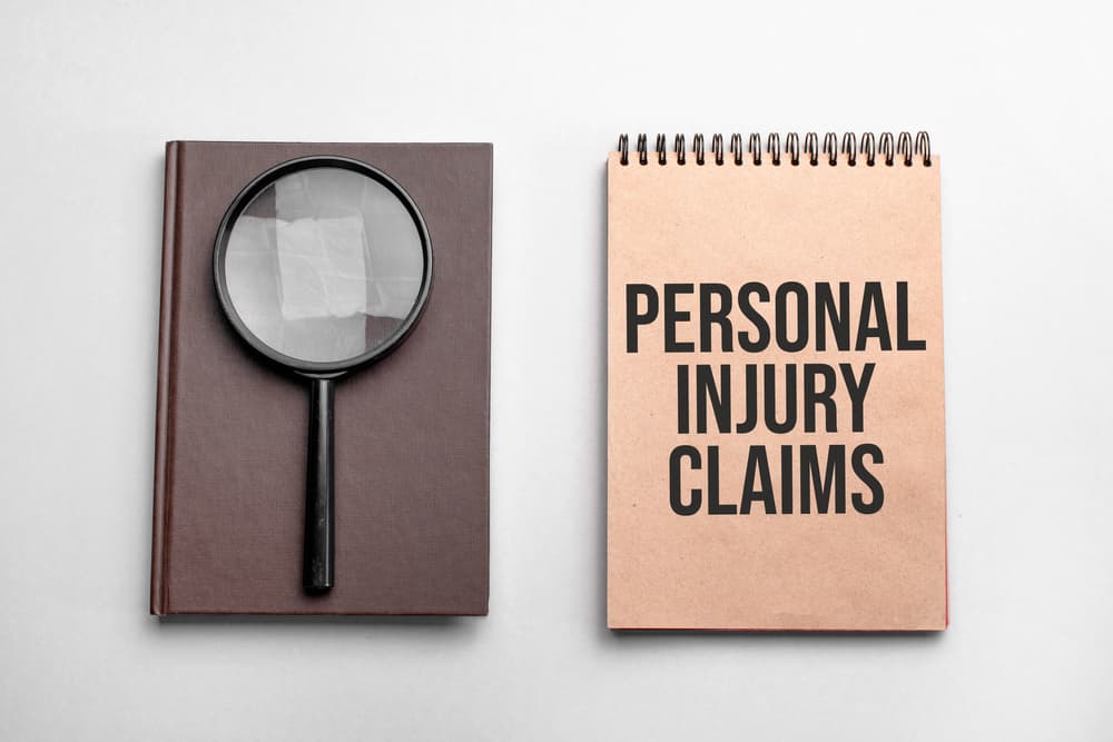 Craft colour notepad with text Personal injury claims. Notepad with , magnifying glass.