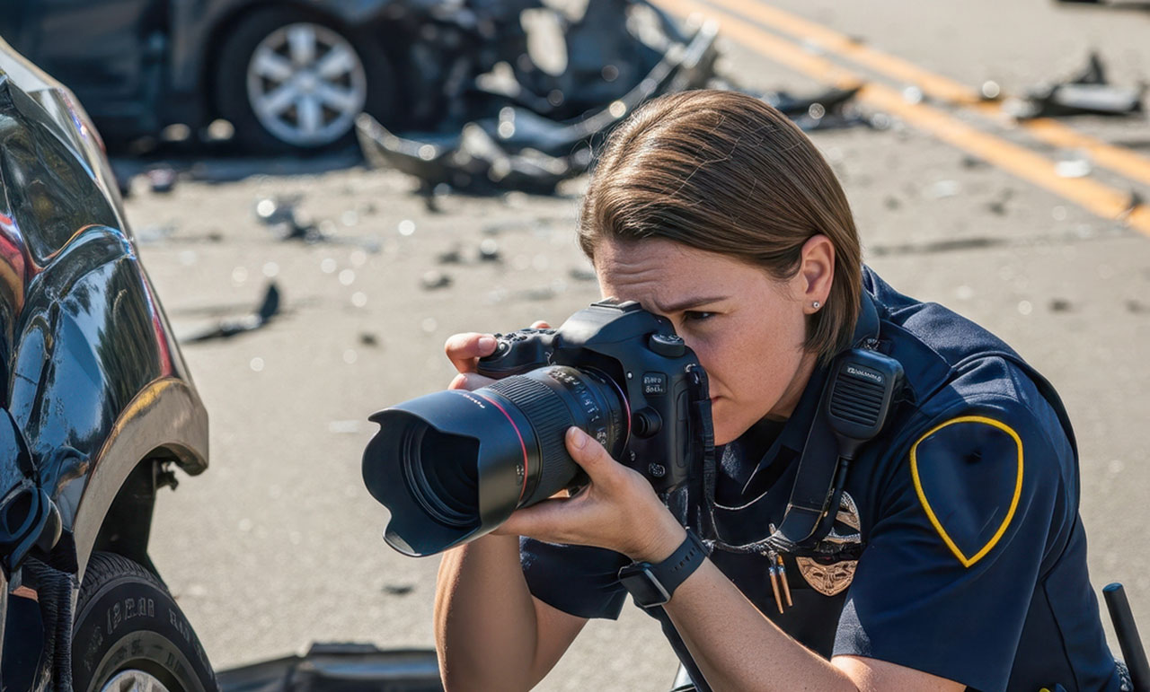 Police officer documenting a traffic accident scene, representing the police report evidence needed for an uninsured motorist claim in Texas