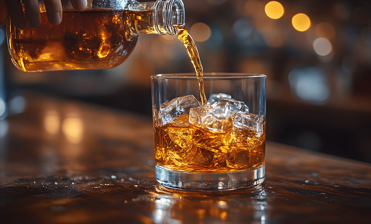 Bartender pouring whiskey over ice at a bar, representing Texas dram shop liability for overserving an obviously intoxicated patron