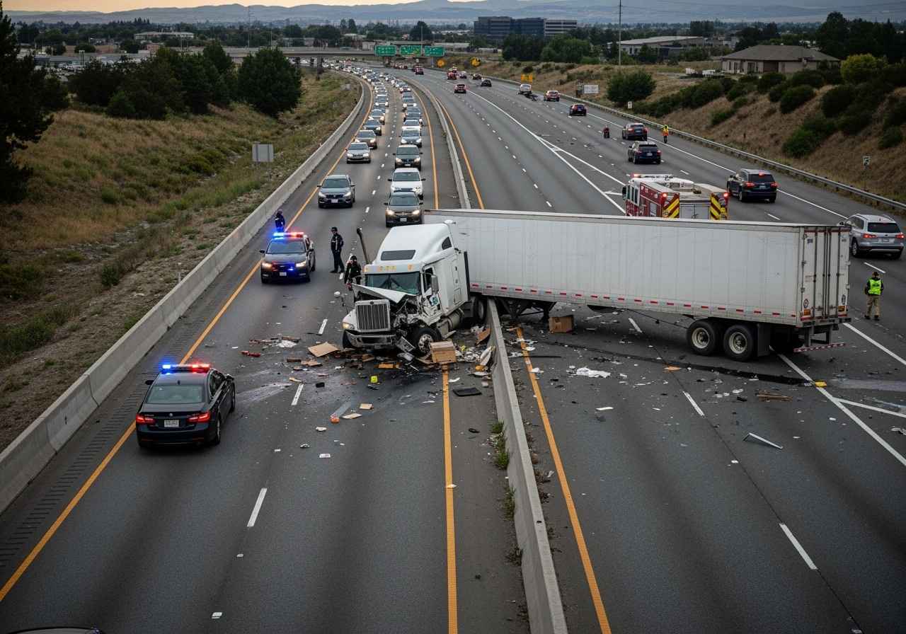 Semi-truck accident scene on a Houston highway with police and fire response