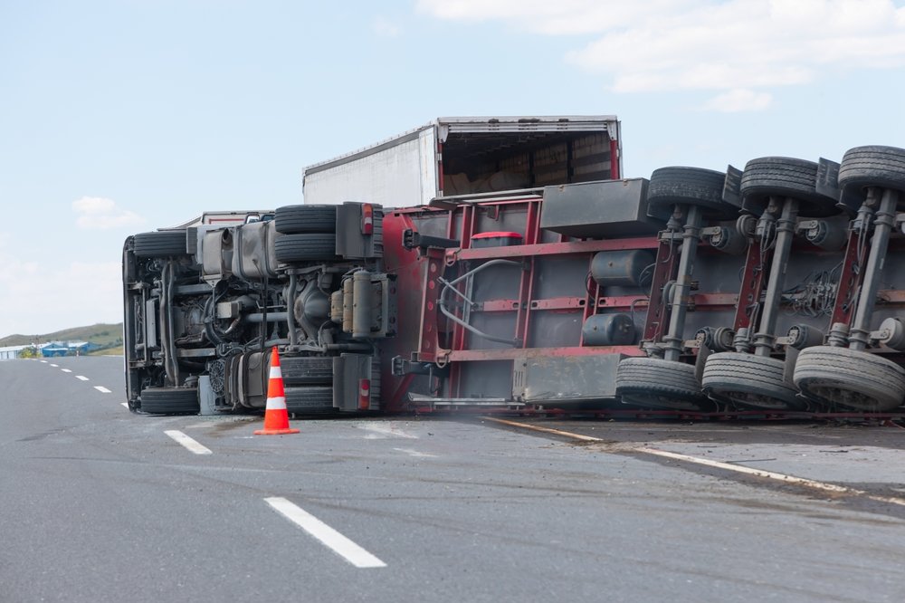 Overturned tractor-trailer after a rollover crash